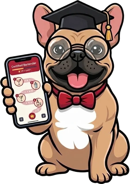 Tiff, the À La Class bulldog, holding a phone with a bartending course